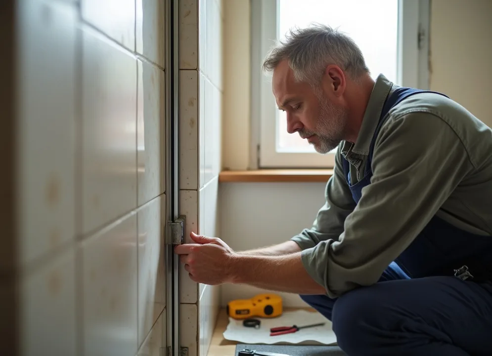 Skilled male plumber in his 40s carefully aligning modular aluminum shower profile against tiled wall