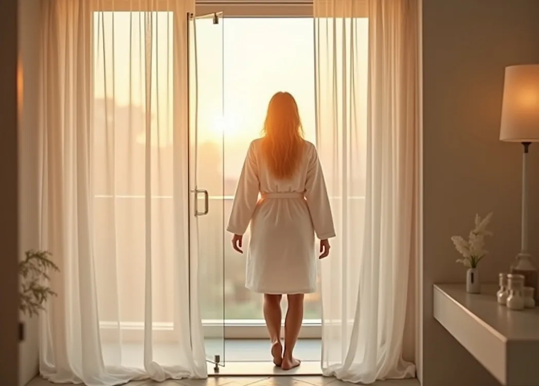 Woman in white robe stepping into frameless glass shower enclosure in minimalist German bathroom