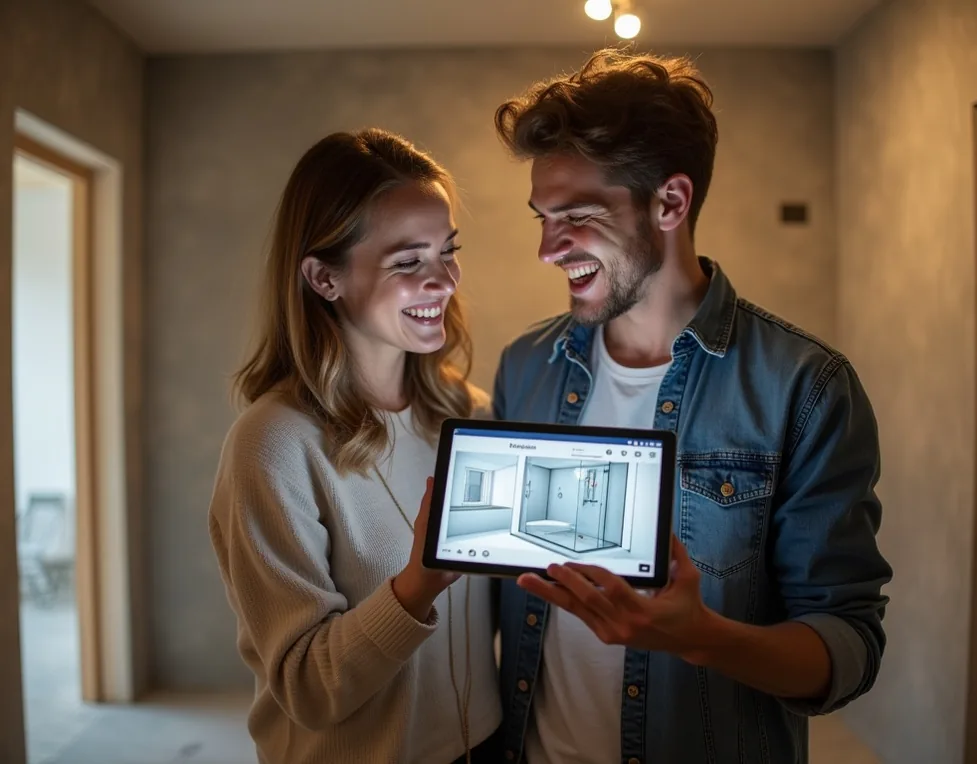 Young couple reviewing a 3D shower configurator on a digital tablet