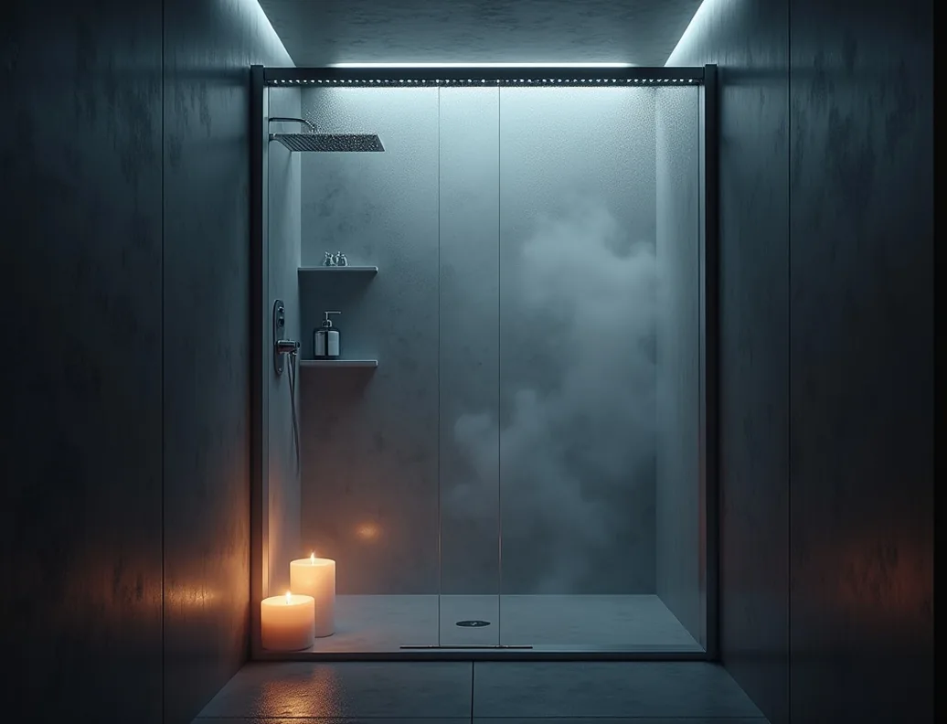 Modern modular shower enclosure glowing softly at dusk in a steamy bathroom