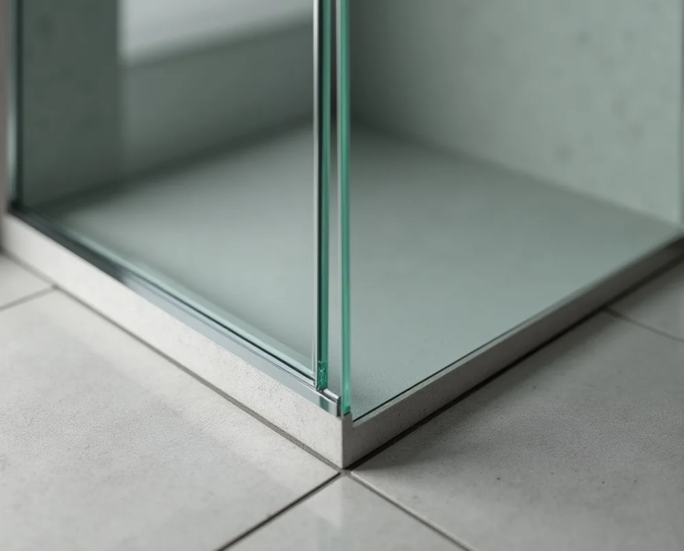 Custom corner modular shower installation with two angled glass panels meeting precisely
