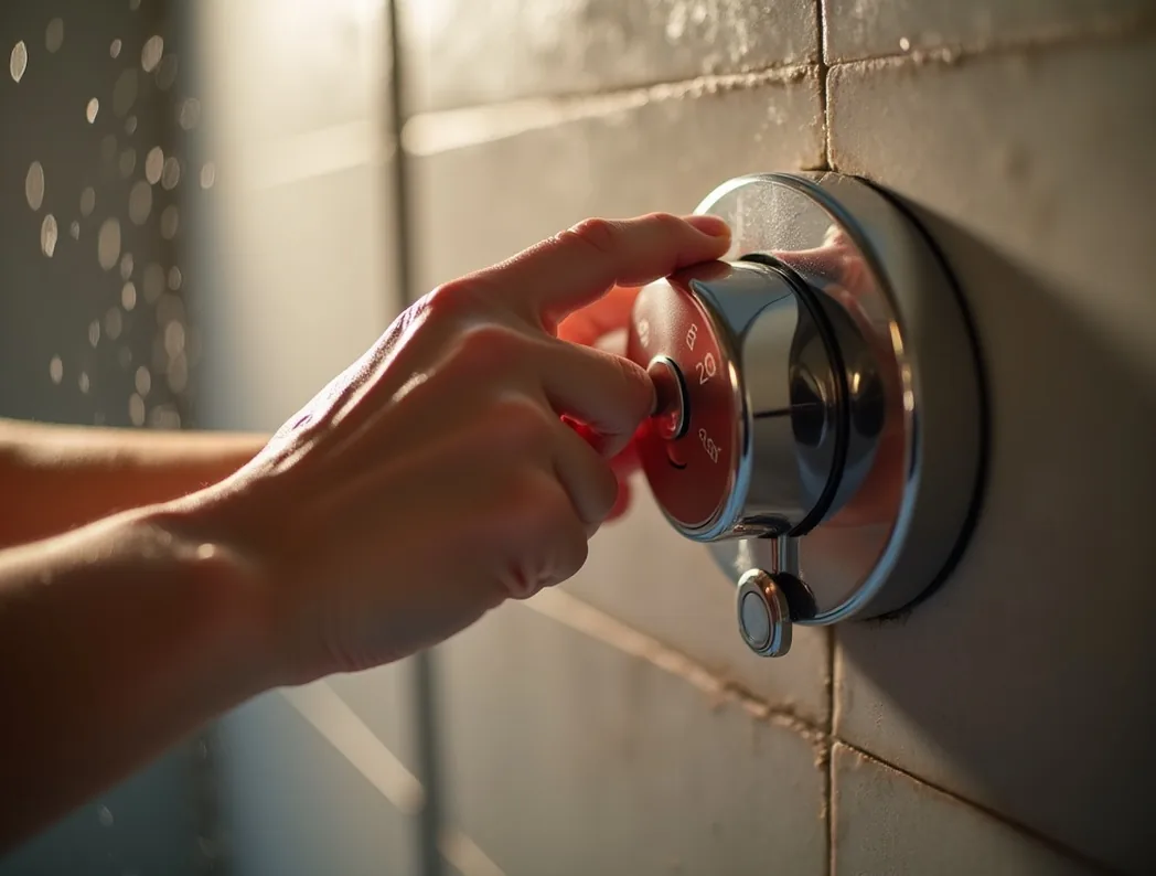 Human hands adjusting temperature lock on chrome thermostatic shower valve with water streaming