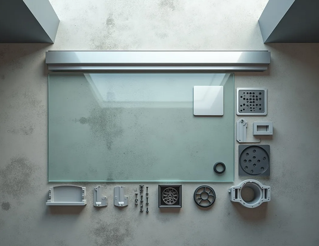 Top-down flat lay of modular shower system components arranged on concrete surface including glass panel segments