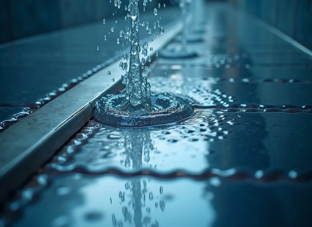 Water flowing over brushed stainless steel linear shower drain at floor level extreme close-up