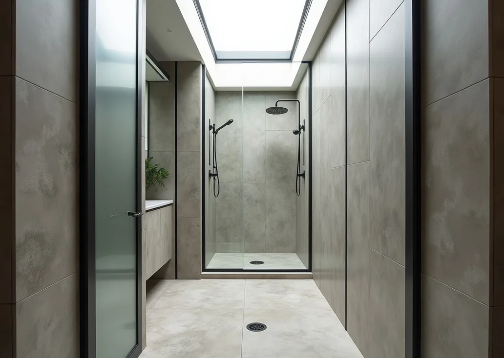 Completed custom modular walk-in shower in narrow elongated bathroom with matte black profiles