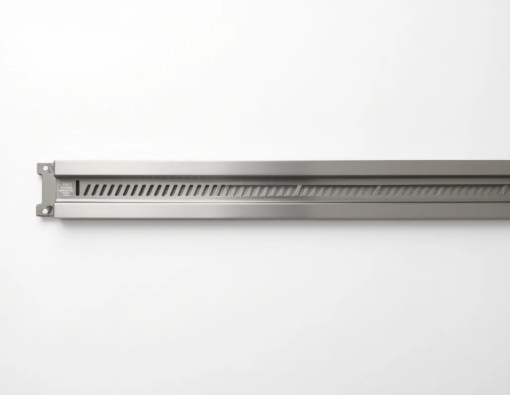 Stainless steel linear shower drain channel on pure white background