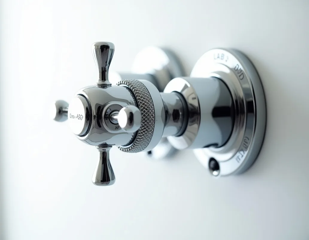 Chrome thermostatic shower valve on pure white background macro close-up