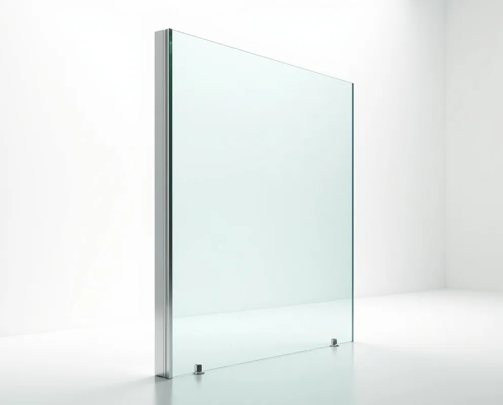 Frameless modular shower glass panel standing upright on white background